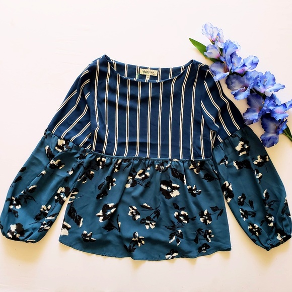 Anthropologie Tops - Anthropologie Monteau Floral/Striped Peplum Blouse